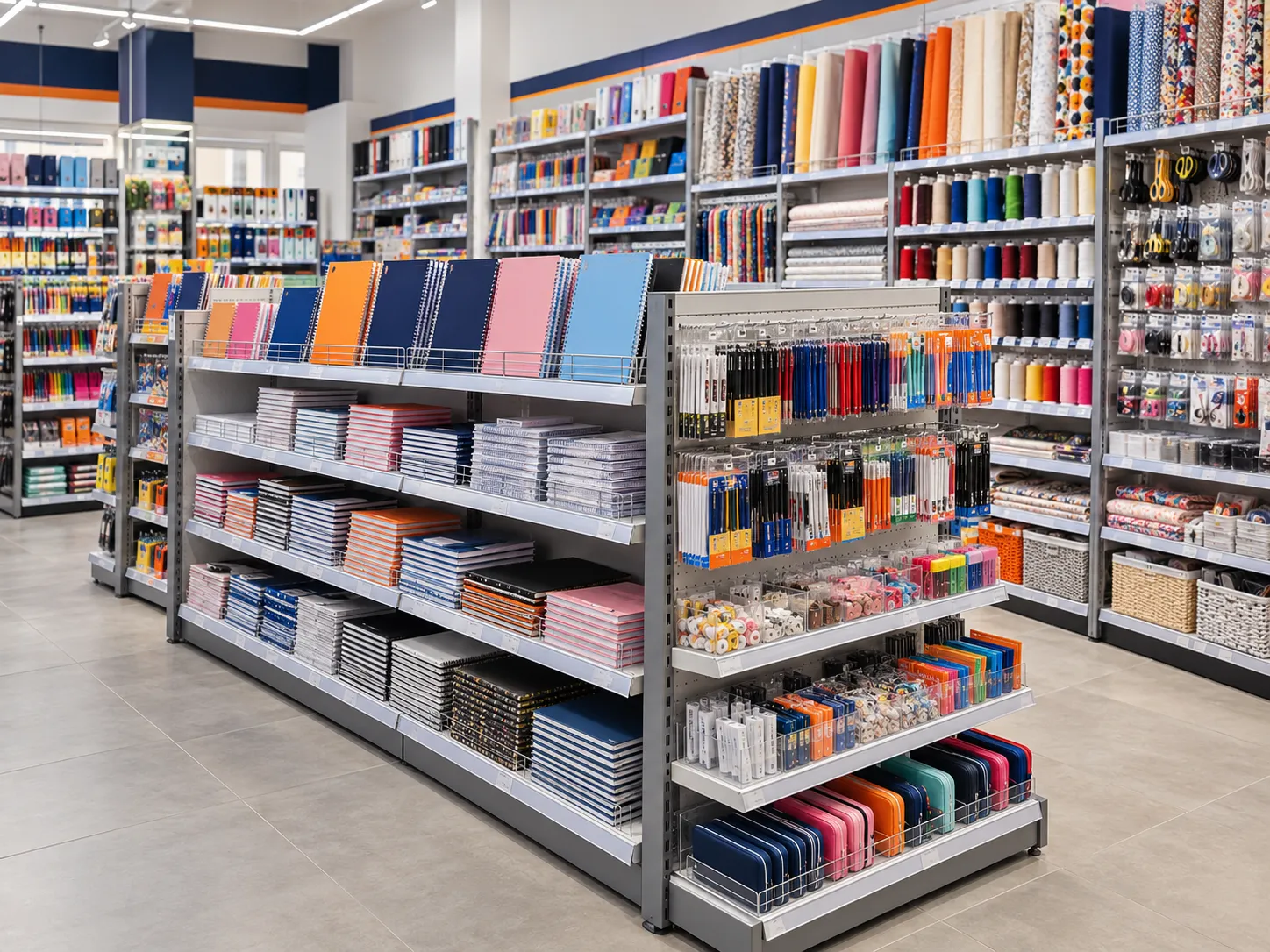 Papelarias — Ganchos, divisores e cestos para muitos SKUs.